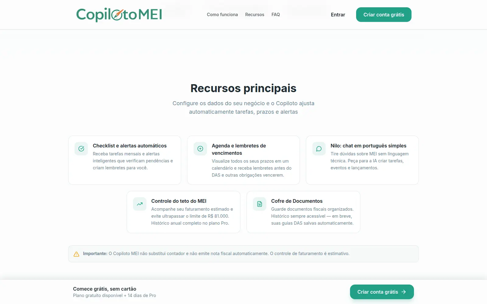 The features as the product states them: checklist, deadline calendar, MEI revenue ceiling and document vault