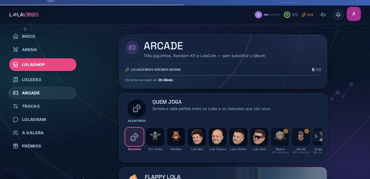 O arcade, com os minijogos que rendem moeda e experiência.