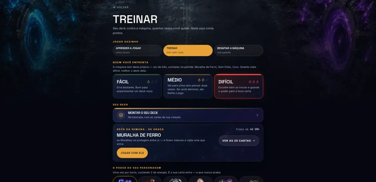 A bancada da arena, onde se escolhe a dificuldade e o poder do personagem.